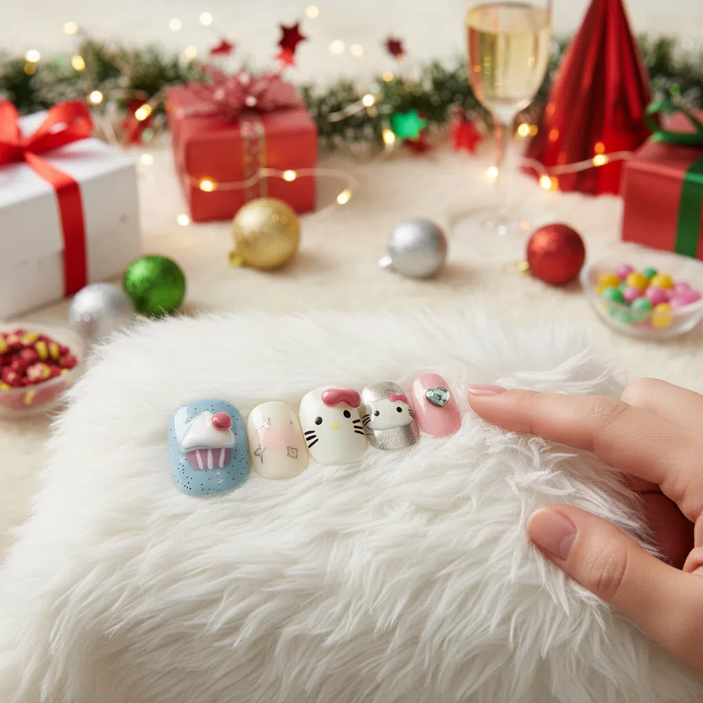 Reusable Hello Kitty Press On Nails – Square Shape with Cupcake, Star, and Heart Designs for Girls