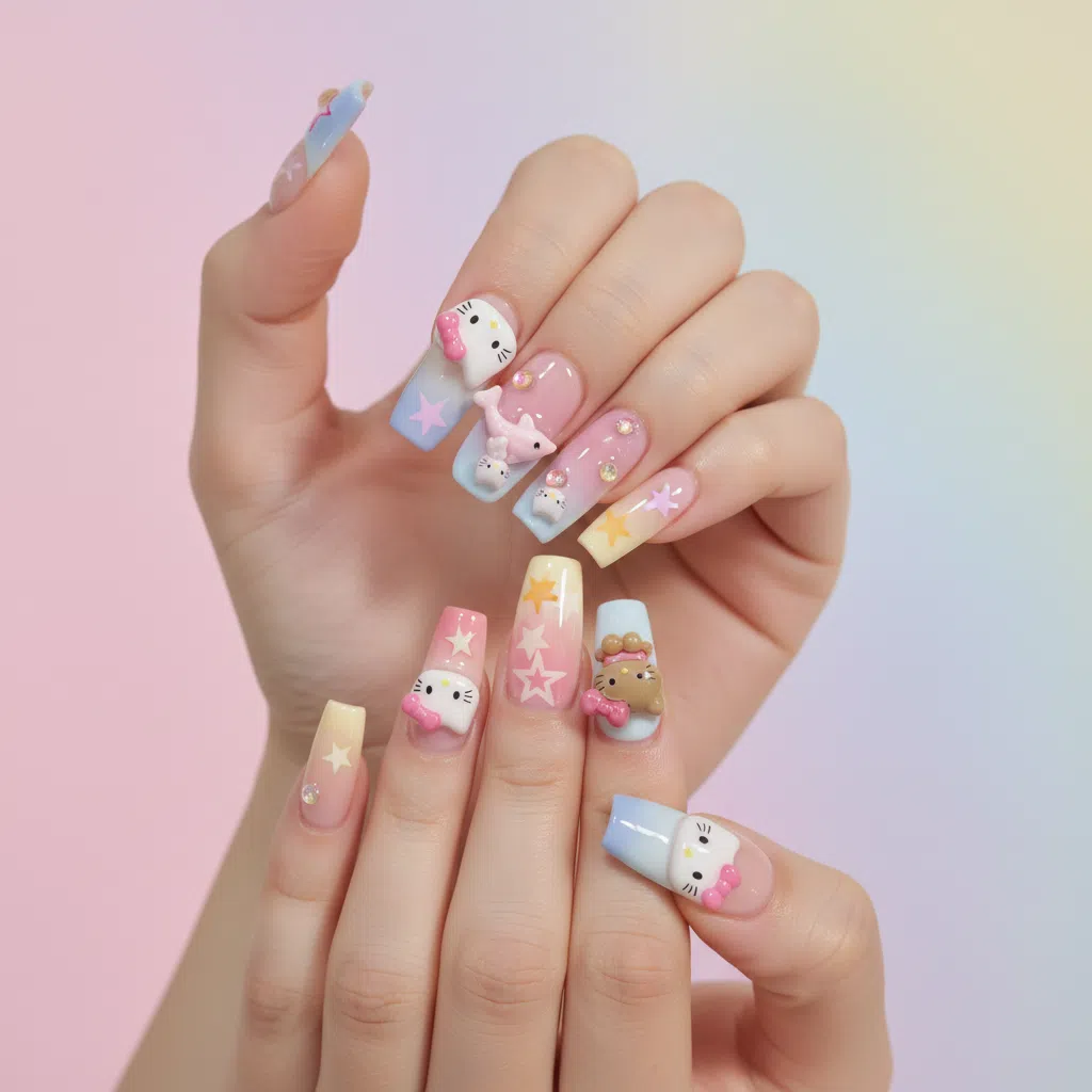 Reusable Hello Kitty Press On Nails – Coffin Shape with Stars, Bows, and Cute 3D Charms for Girls Secondary image