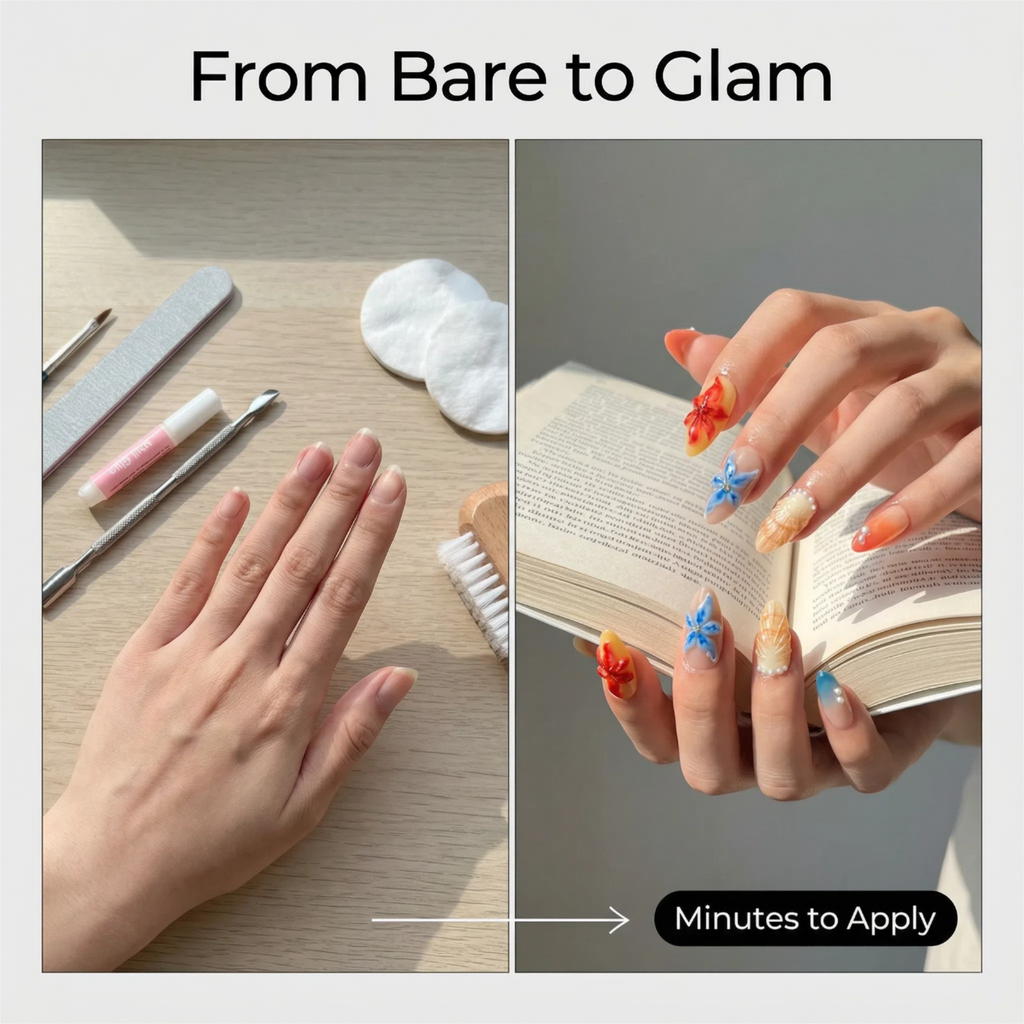 Oval Press On Nails – Tropical Shell Texture with 3D Flowers and Ombre Sunset Gradient