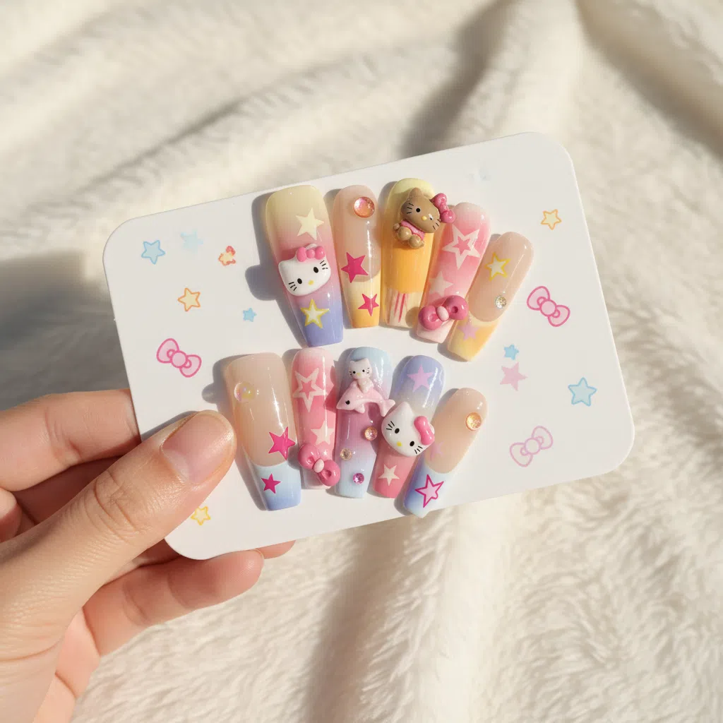 Reusable Hello Kitty Press On Nails – Coffin Shape with Stars, Bows, and Cute 3D Charms for Girls