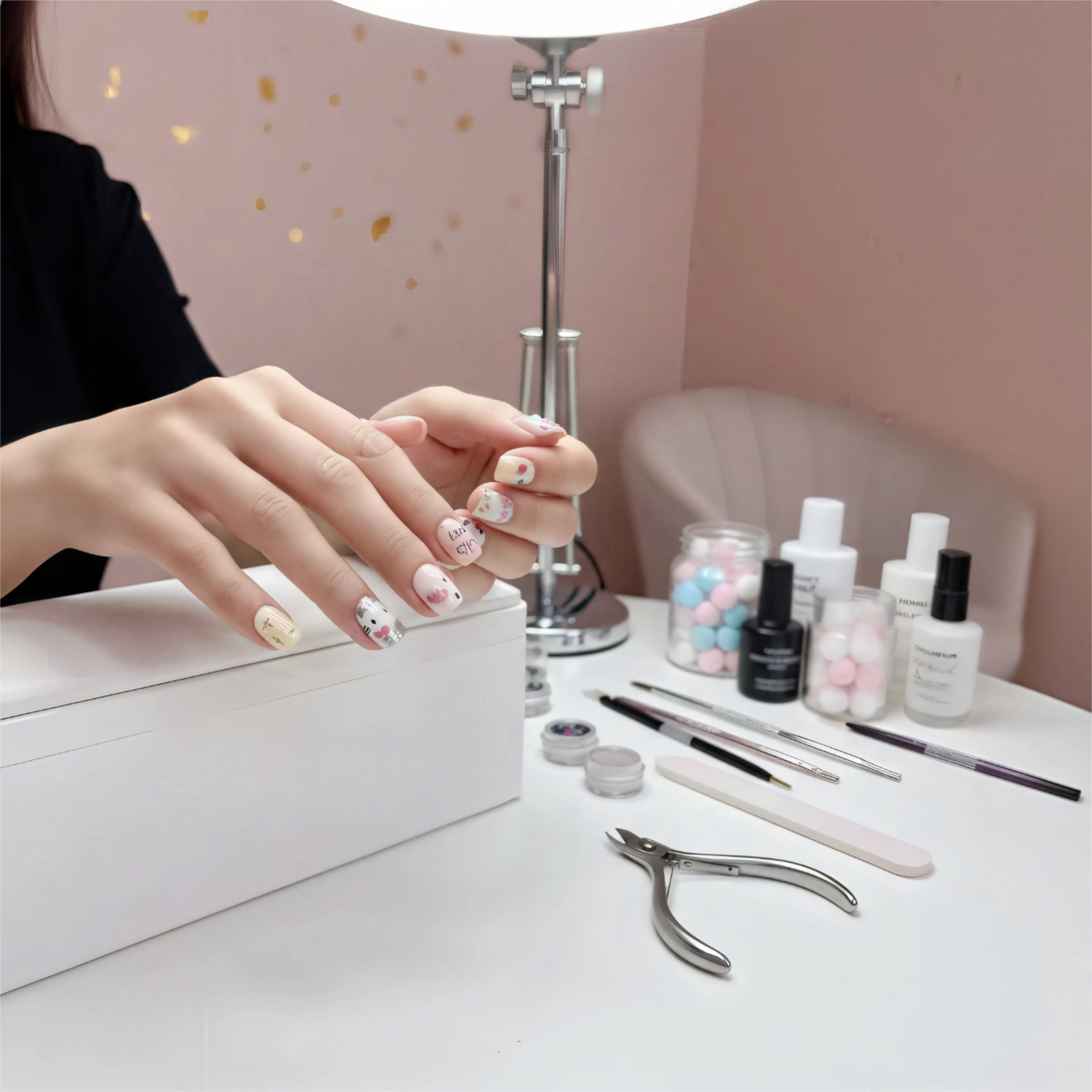 Reusable Hello Kitty Press On Nails – Square Shape with Cupcake, Star, and Heart Designs for Girls