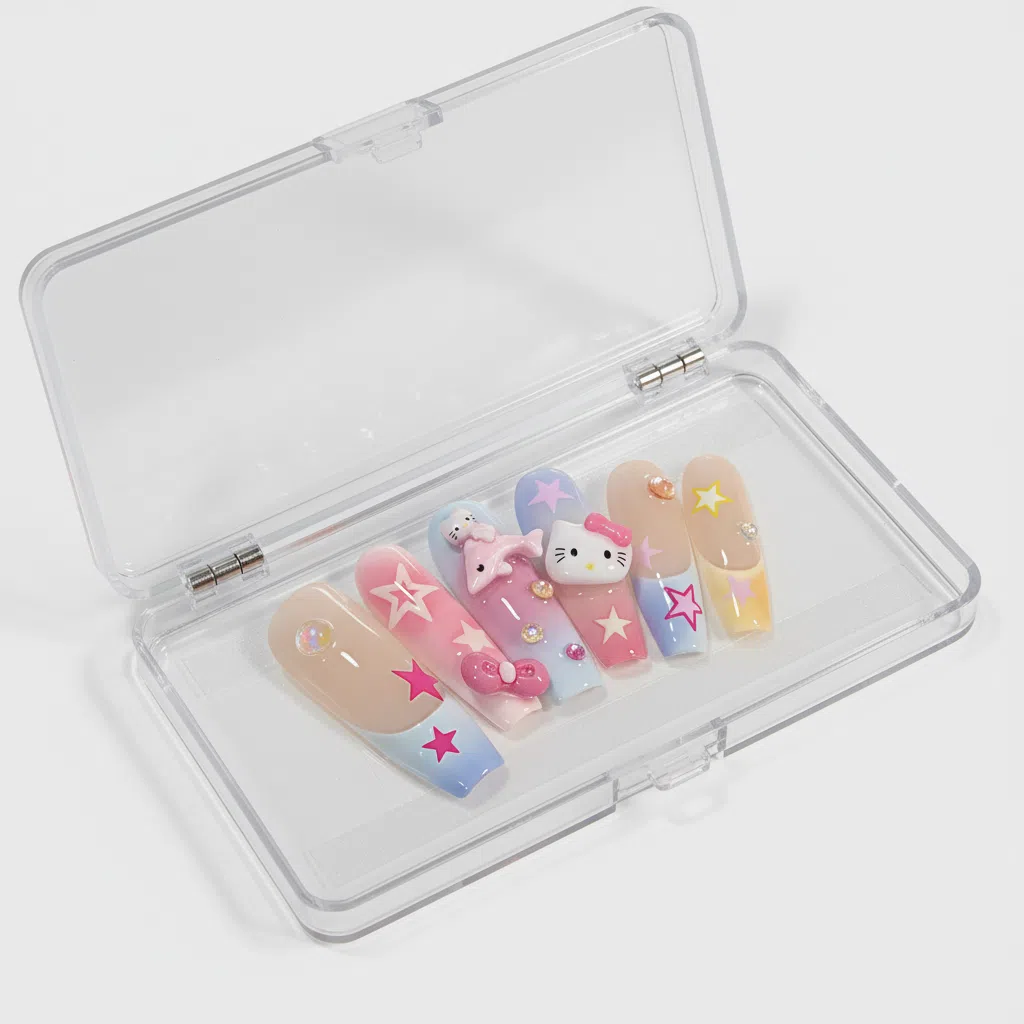 Reusable Hello Kitty Press On Nails – Coffin Shape with Stars, Bows, and Cute 3D Charms for Girls