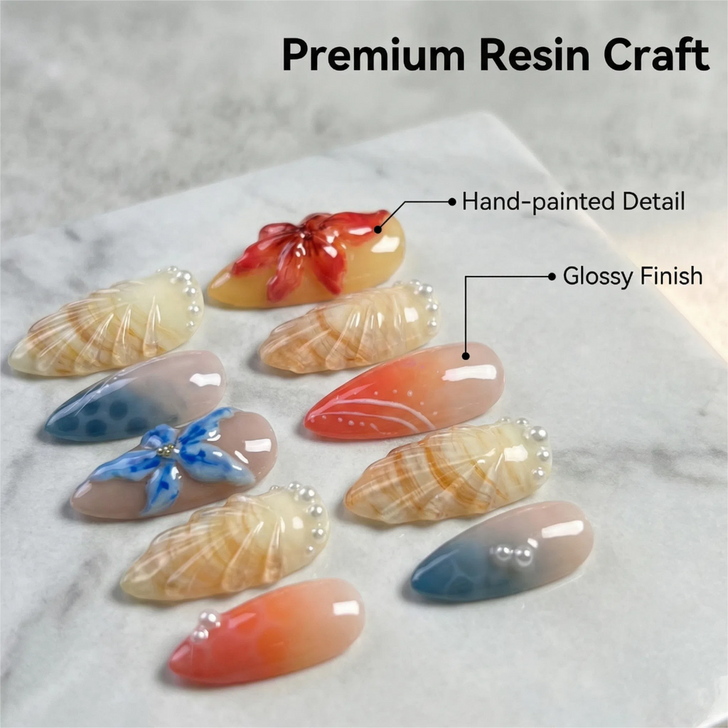 Oval Press On Nails – Tropical Shell Texture with 3D Flowers and Ombre Sunset Gradient