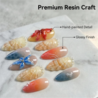 Oval Press On Nails – Tropical Shell Texture with 3D Flowers and Ombre Sunset Gradient