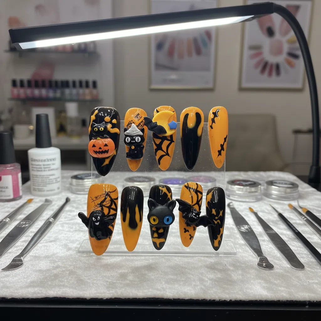 Reusable Halloween Stiletto Press On Nail Art Set – 3D Cats, Pumpkins, and Bats for Spooky Season