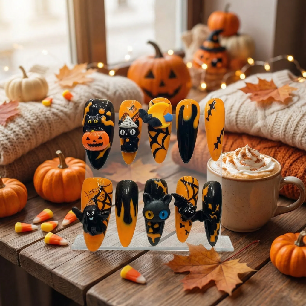 Reusable Halloween Stiletto Press On Nail Art Set – 3D Cats, Pumpkins, and Bats for Spooky Season