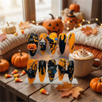 Reusable Halloween Stiletto Press On Nail Art Set – 3D Cats, Pumpkins, and Bats for Spooky Season
