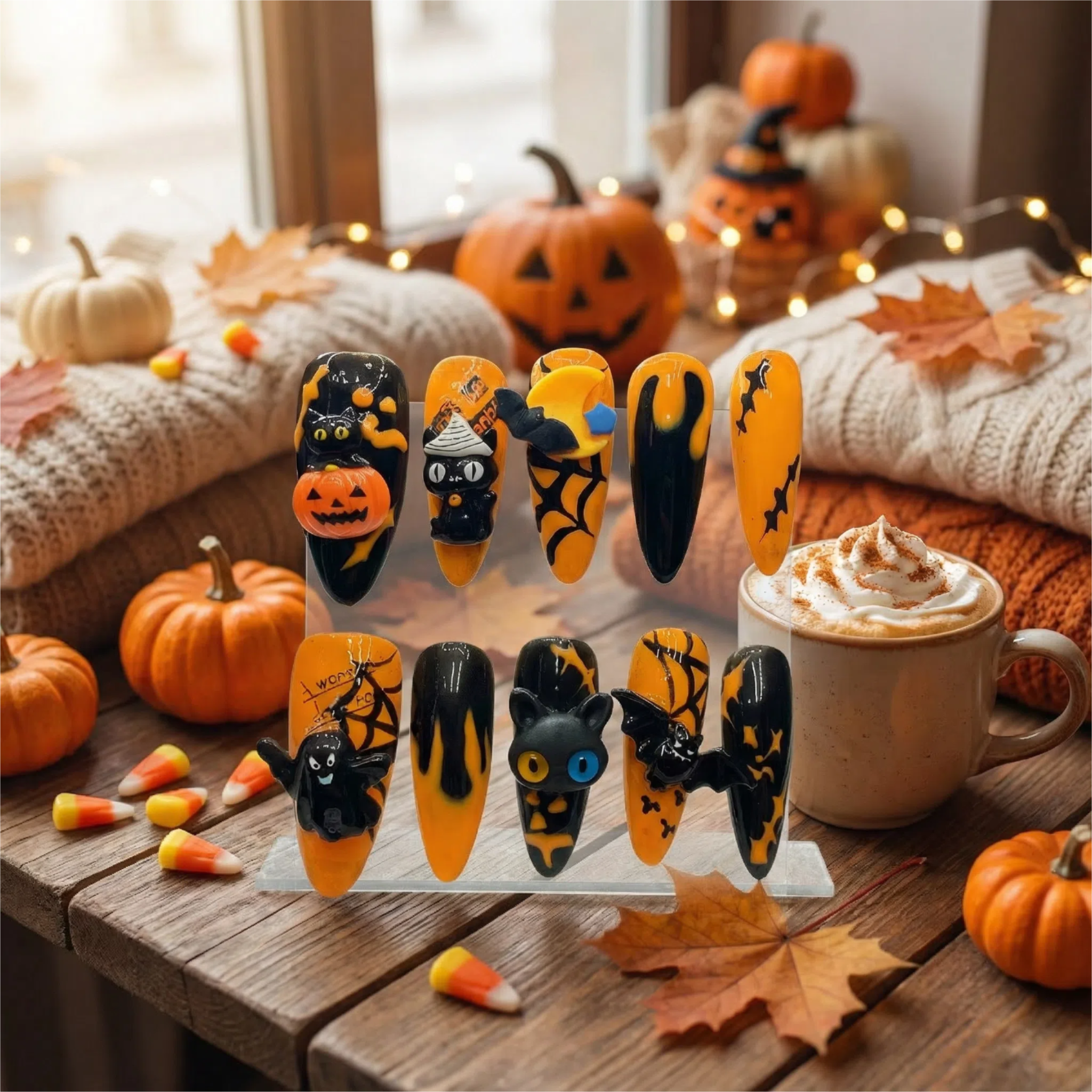 Reusable Halloween Stiletto Press On Nail Art Set – 3D Cats, Pumpkins, and Bats for Spooky Season