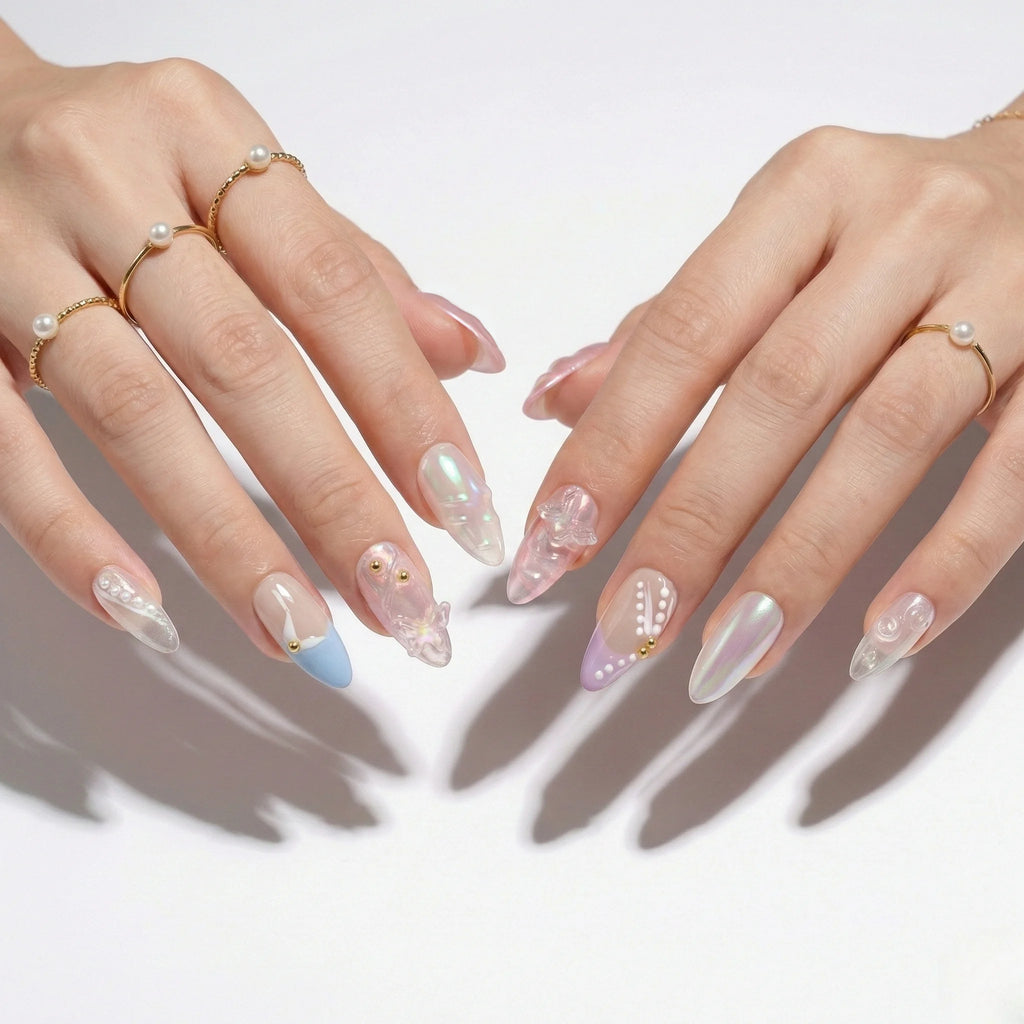 Pink Iridescent Butterfly Press On Nails – Stiletto Shape with Pearlescent Gradient, 3D Charms & Swirl Details, Reusable for Women