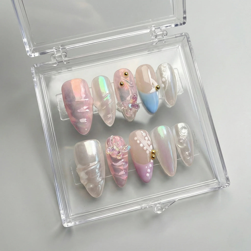 Pink Iridescent Butterfly Press On Nails – Stiletto Shape with Pearlescent Gradient, 3D Charms & Swirl Details, Reusable for Women