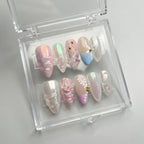 Pink Iridescent Butterfly Press On Nails – Stiletto Shape with Pearlescent Gradient, 3D Charms & Swirl Details, Reusable for Women