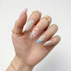 Pink Iridescent Butterfly Press On Nails – Stiletto Shape with Pearlescent Gradient, 3D Charms & Swirl Details, Reusable for Women