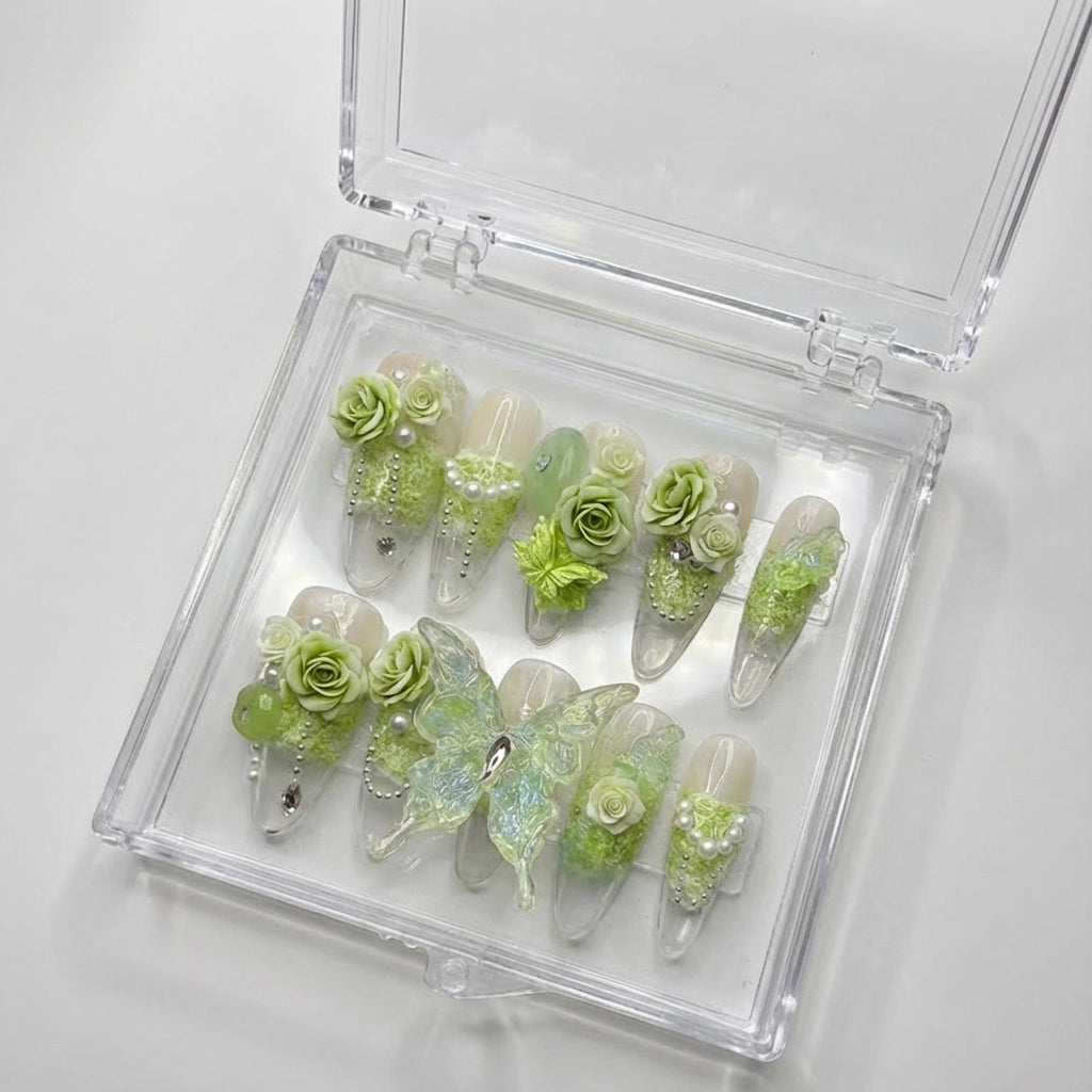 Reusable Sage Green Rose Press On Nails – Stiletto Shape with 3D Flower, Butterfly, and Pearl Designs for Fairy-core Vibes