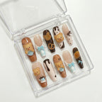 Reusable Butter Bear Press On Nails – Long Coffin Shape with 3D Chocolate, Pretzel, and Cream Designs for Girls