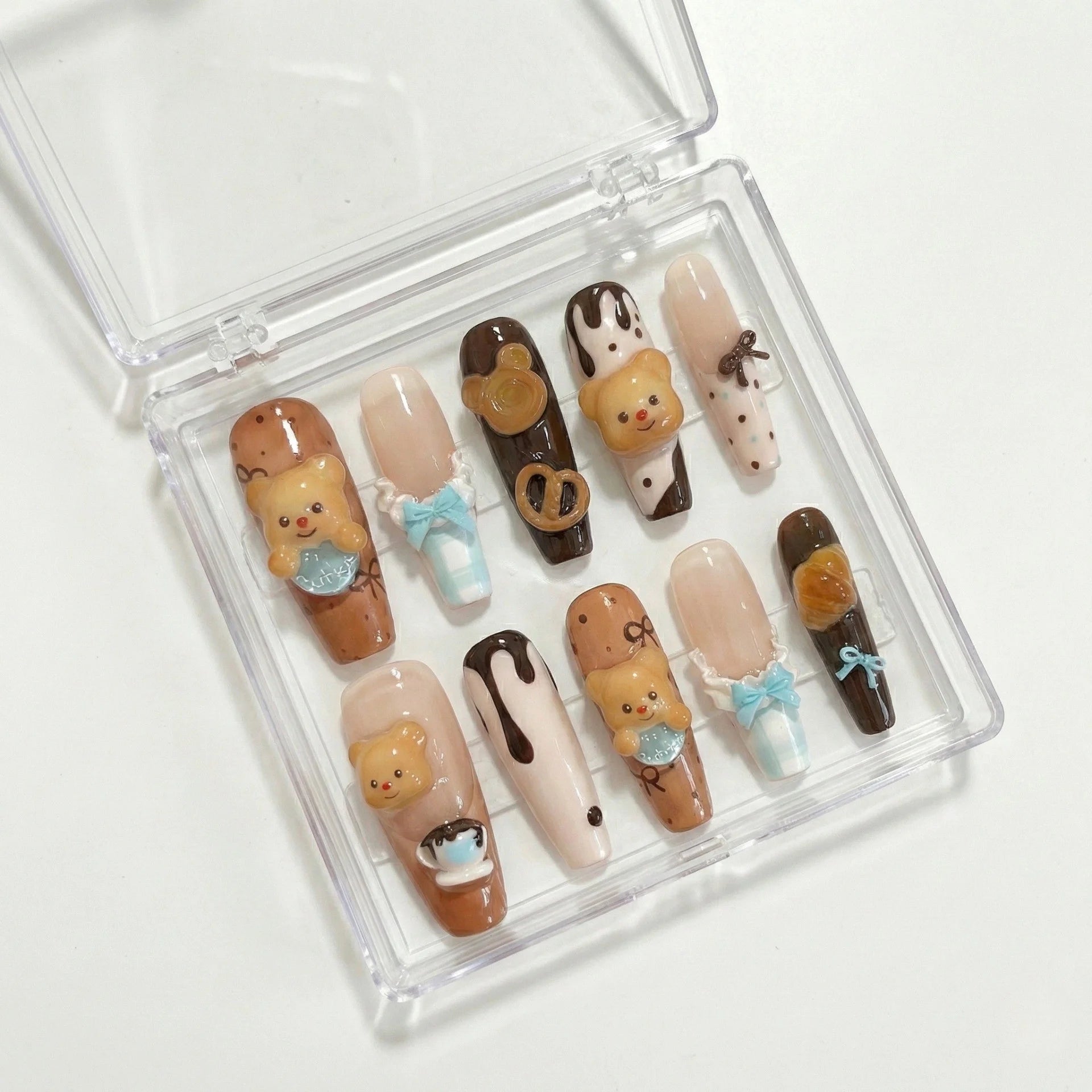 Reusable Butter Bear Press On Nails – Long Coffin Shape with 3D Chocolate, Pretzel, and Cream Designs for Girls