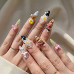 Reusable Summer Hello Kitty Press On Nails – Stiletto Shape with 3D Dolphin, Palm Tree, and Floral Designs for Beach Vacation