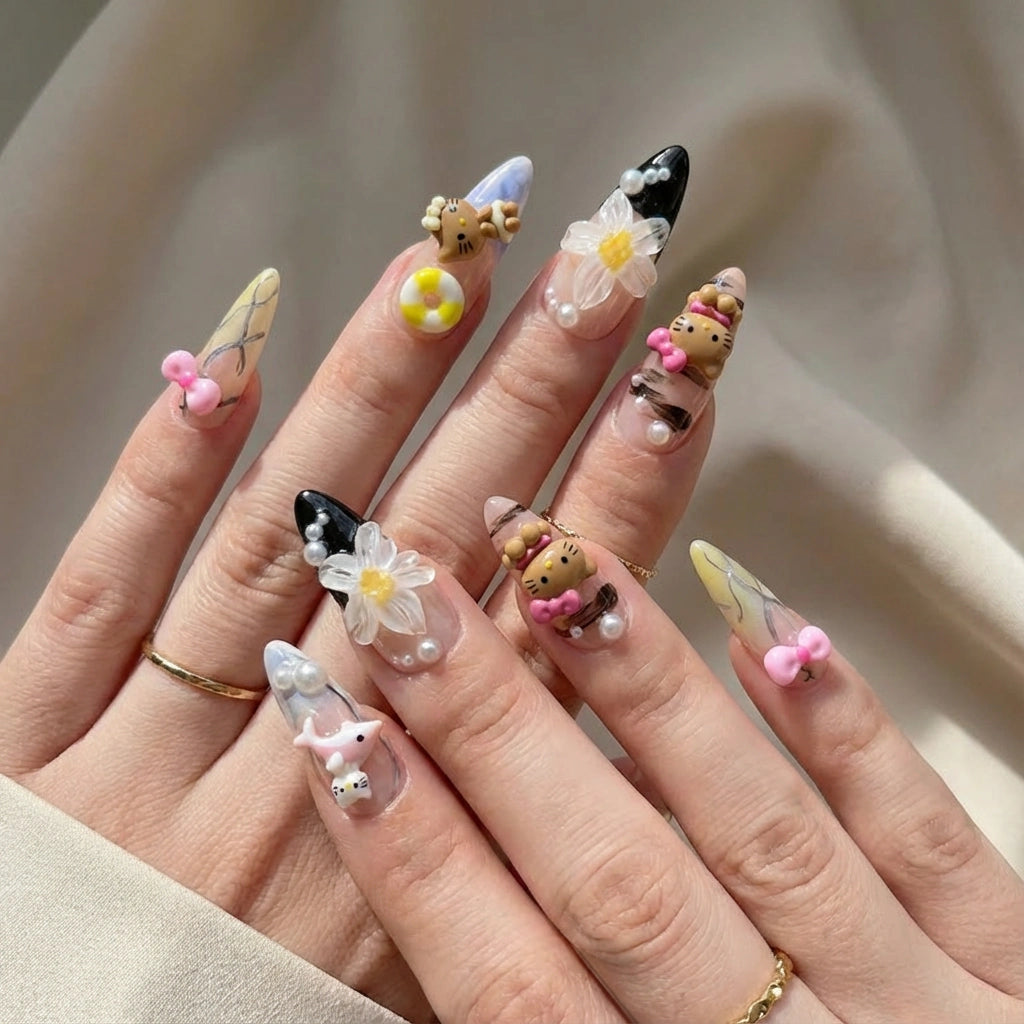 Reusable Summer Hello Kitty Press On Nails – Stiletto Shape with 3D Dolphin, Palm Tree, and Floral Designs for Beach Vacation
