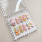 Reusable Toy Box Press On Nails – Coffin Shape with 3D Teddy Bear, Snowflake, and Pink Bow Designs for Winter Aesthetic