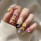 Reusable Summer Hello Kitty Press On Nails – Stiletto Shape with 3D Dolphin, Palm Tree, and Floral Designs for Beach Vacation