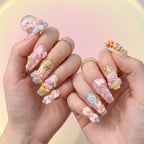Reusable Toy Box Press On Nails – Coffin Shape with 3D Teddy Bear, Snowflake, and Pink Bow Designs for Winter Aesthetic