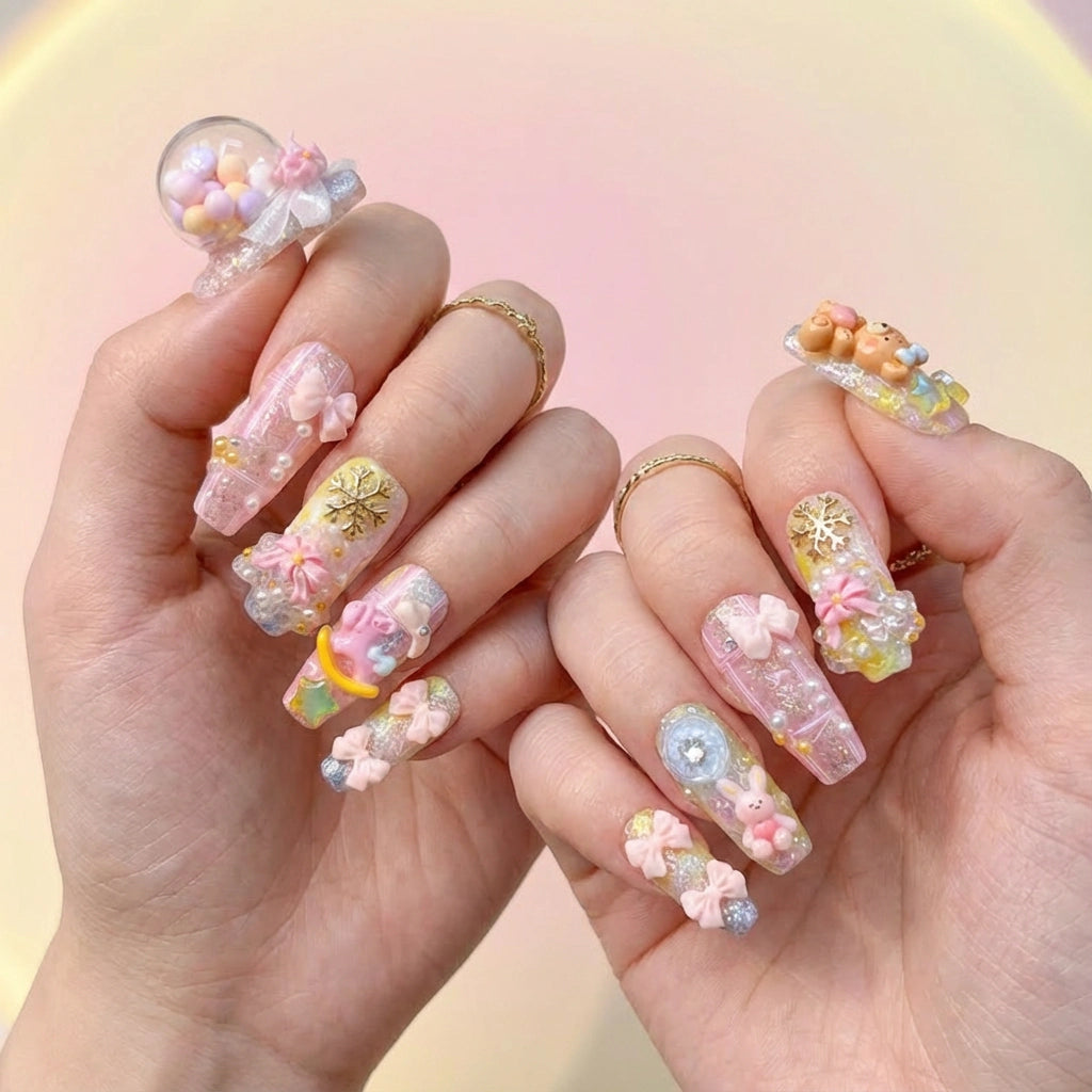 Reusable Toy Box Press On Nails – Coffin Shape with 3D Teddy Bear, Snowflake, and Pink Bow Designs for Winter Aesthetic