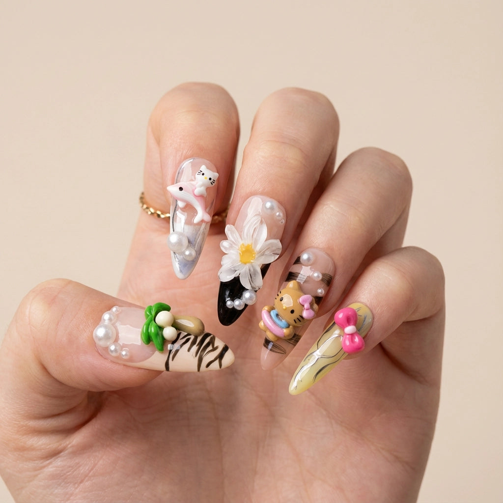 Reusable Summer Hello Kitty Press On Nails – Stiletto Shape with 3D Dolphin, Palm Tree, and Floral Designs for Beach Vacation
