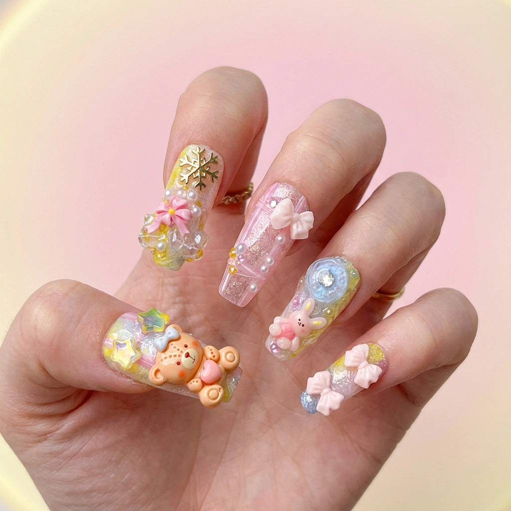 Reusable Toy Box Press On Nails – Coffin Shape with 3D Teddy Bear, Snowflake, and Pink Bow Designs for Winter Aesthetic