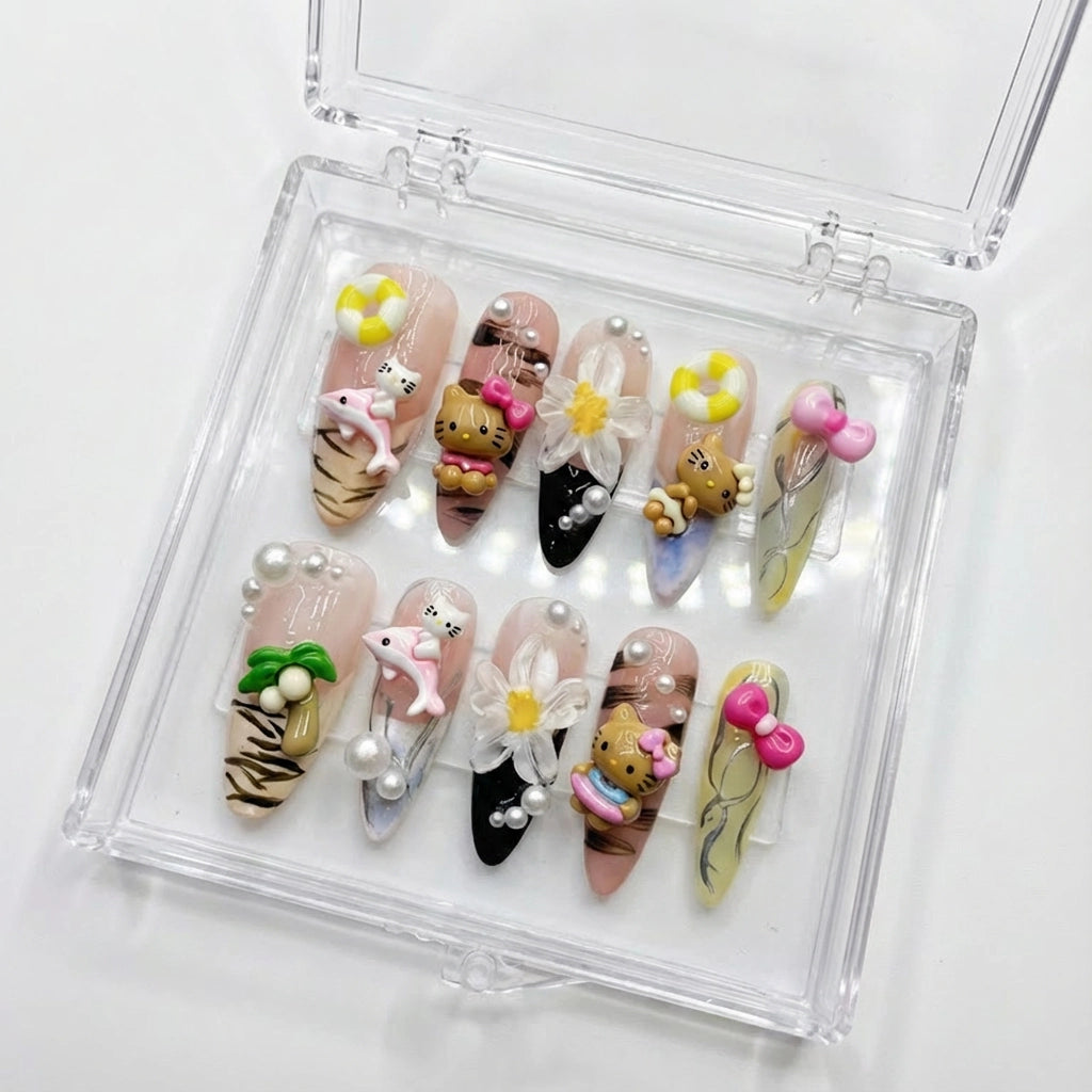 Reusable Summer Hello Kitty Press On Nails – Stiletto Shape with 3D Dolphin, Palm Tree, and Floral Designs for Beach Vacation