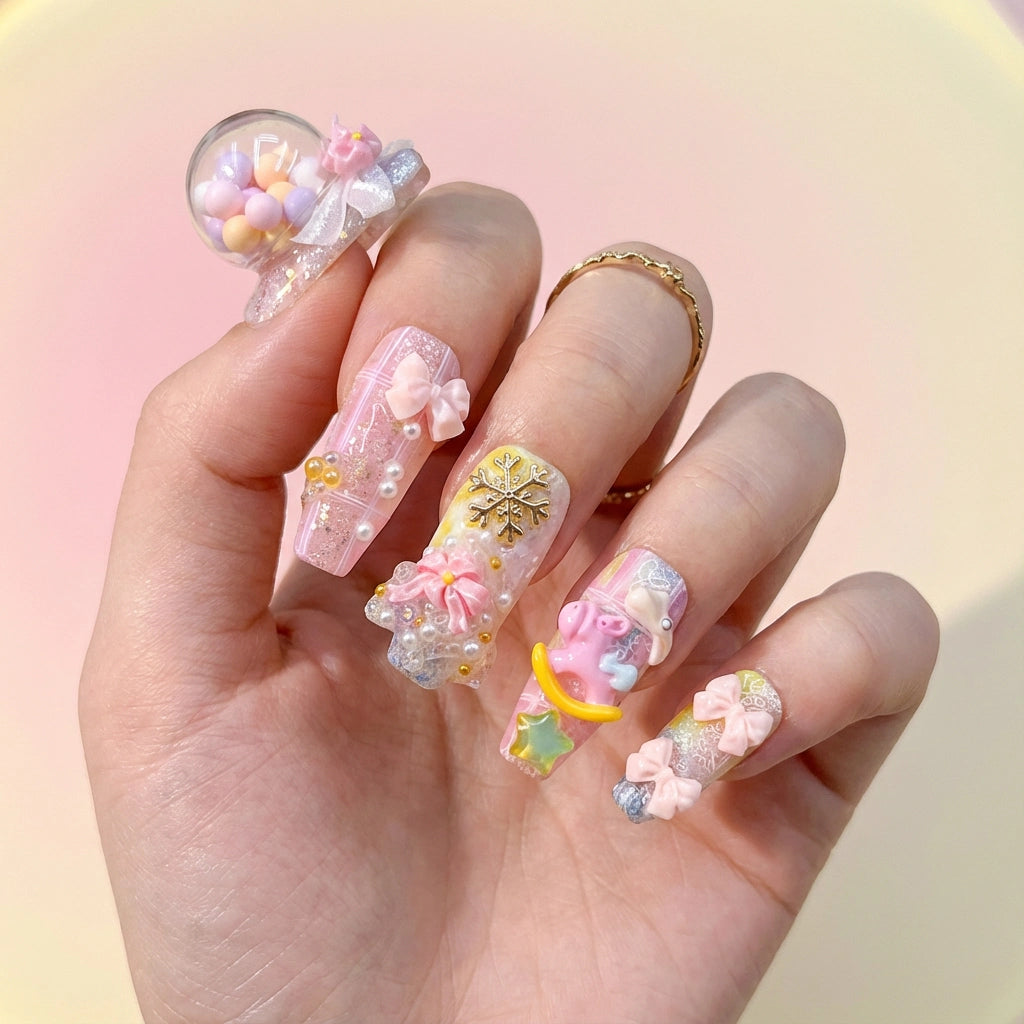 Reusable Toy Box Press On Nails – Coffin Shape with 3D Teddy Bear, Snowflake, and Pink Bow Designs for Winter Aesthetic