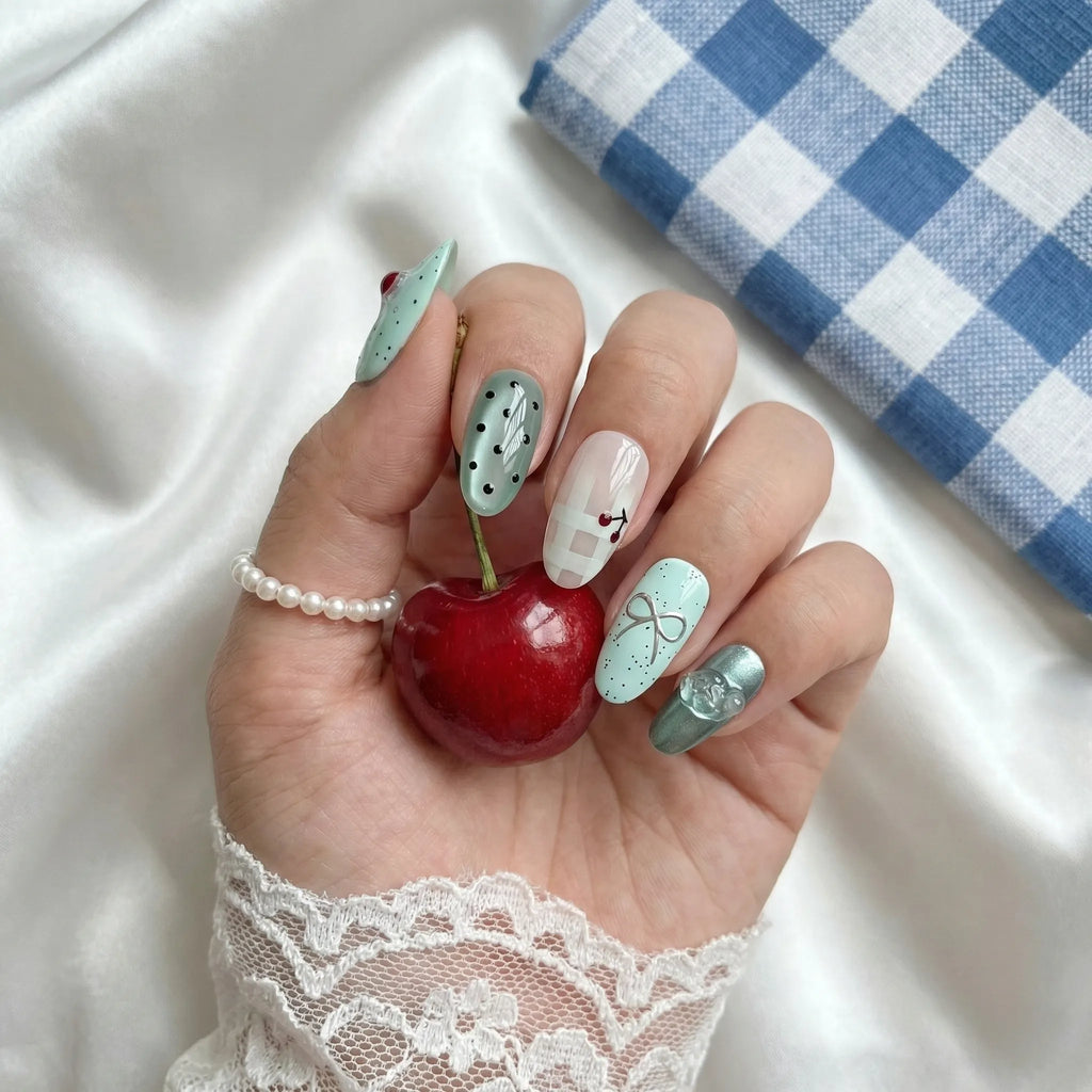 Reusable Mint Coquette Press On Nails – Almond Shape with 3D Cherry, Bow, and Pearl Heart Designs