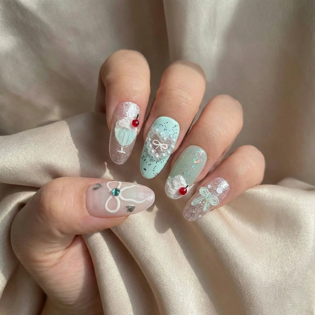 Reusable Mint Coquette Press On Nails – Almond Shape with 3D Cherry, Bow, and Pearl Heart Designs
