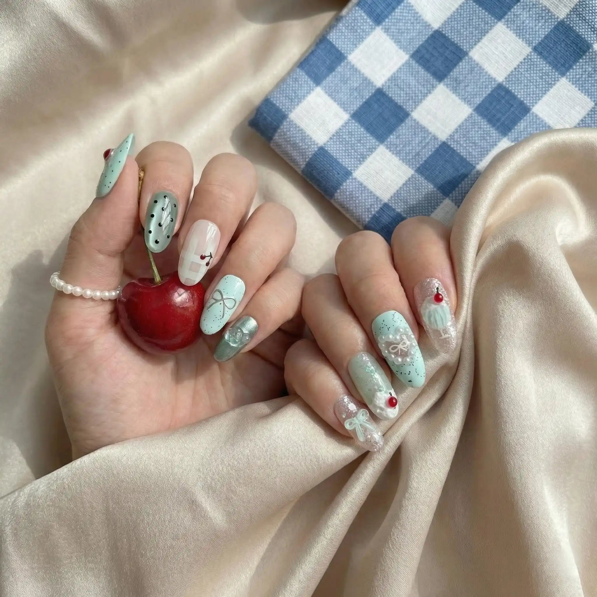 Reusable Mint Coquette Press On Nails – Almond Shape with 3D Cherry, Bow, and Pearl Heart Designs