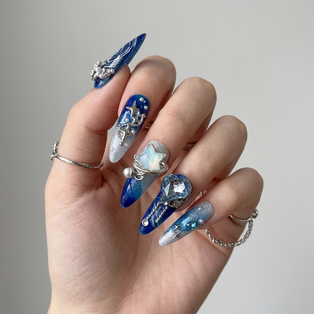Reusable Blue Galaxy Press On Nails – Stiletto Shape with Moon, Stars & Metallic Charms for Women