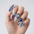 Reusable Blue Galaxy Press On Nails – Stiletto Shape with Moon, Stars & Metallic Charms for Women