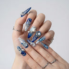 Reusable Blue Galaxy Press On Nails – Stiletto Shape with Moon, Stars & Metallic Charms for Women