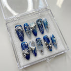 Reusable Blue Galaxy Press On Nails – Stiletto Shape with Moon, Stars & Metallic Charms for Women
