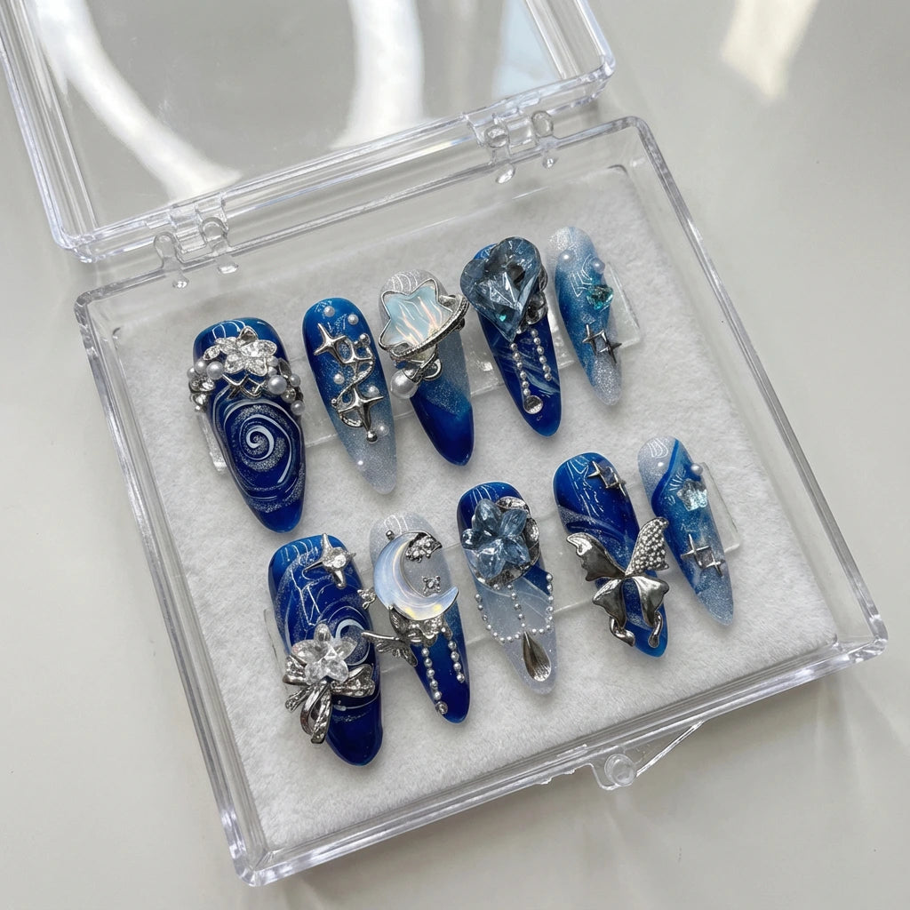 Reusable Blue Galaxy Press On Nails – Stiletto Shape with Moon, Stars & Metallic Charms for Women