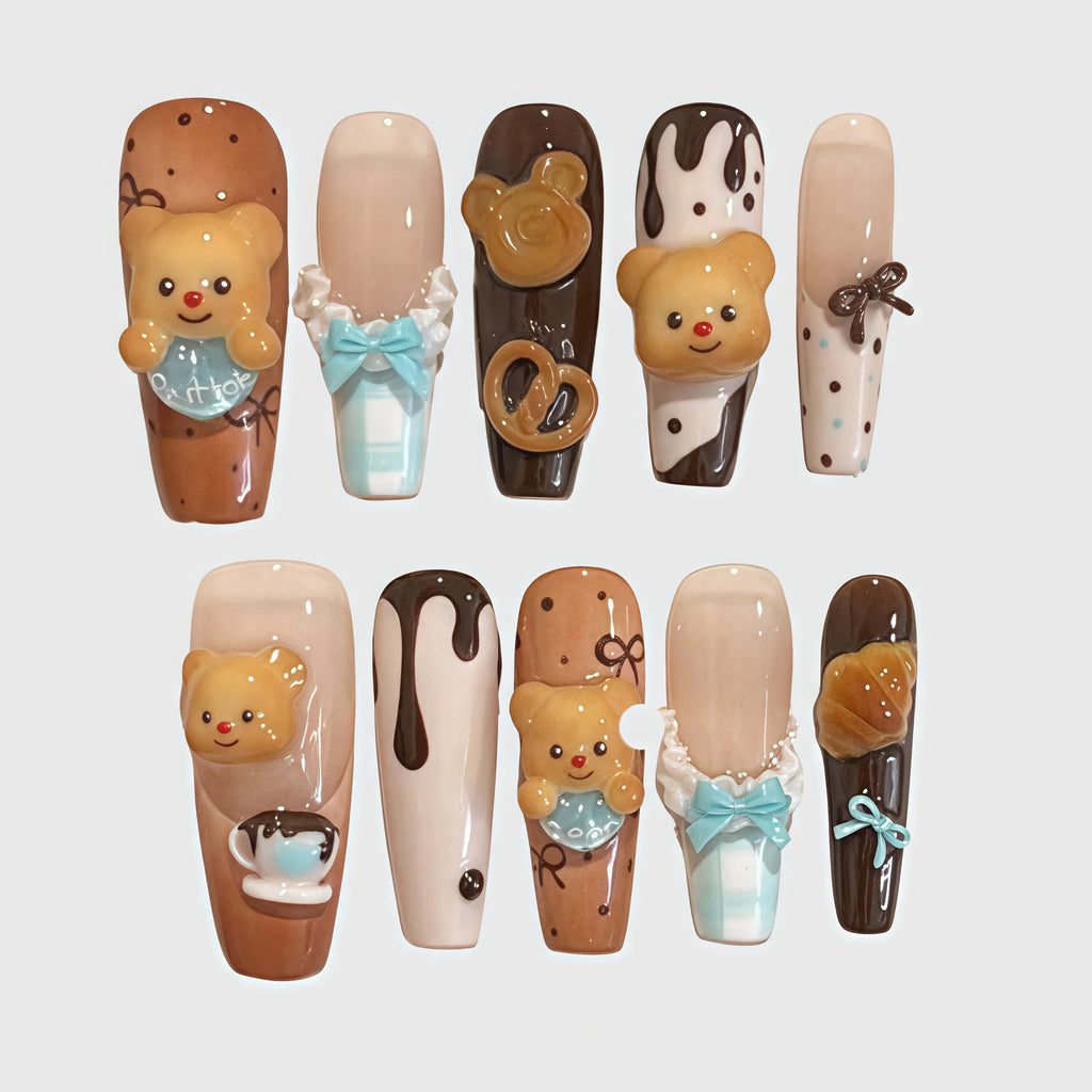 Reusable Butter Bear Press On Nails – Long Coffin Shape with 3D Chocolate, Pretzel, and Cream Designs for Girls