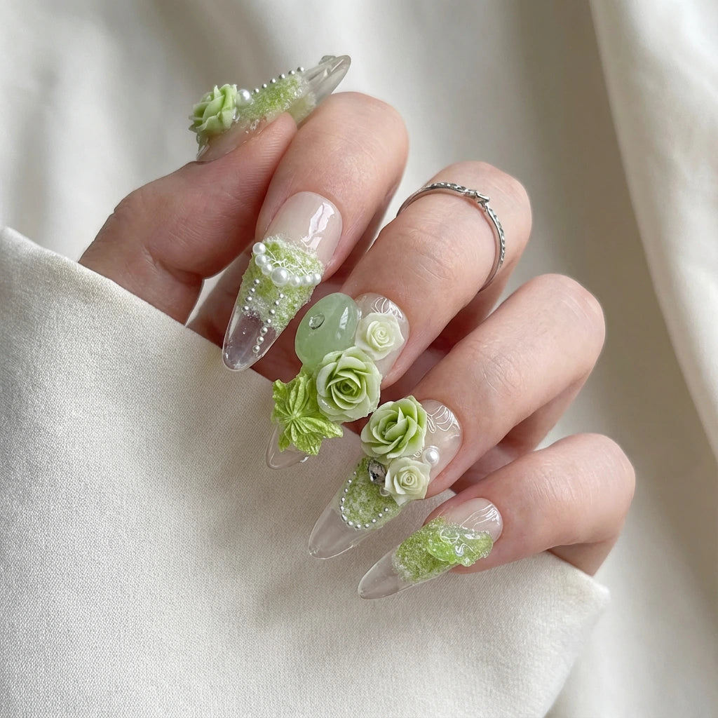 Reusable Sage Green Rose Press On Nails – Stiletto Shape with 3D Flower, Butterfly, and Pearl Designs for Fairy-core Vibes