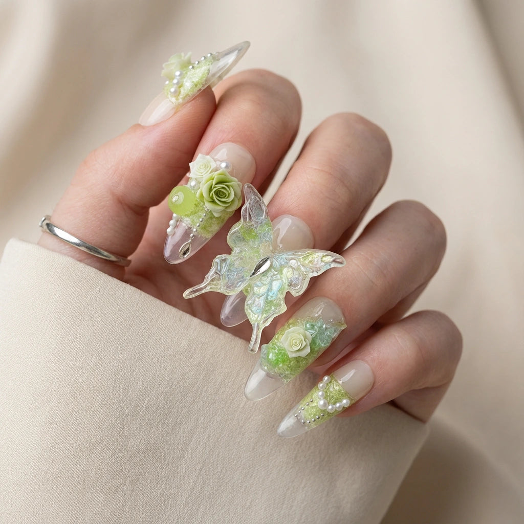 Reusable Sage Green Rose Press On Nails – Stiletto Shape with 3D Flower, Butterfly, and Pearl Designs for Fairy-core Vibes