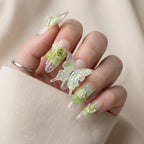 Reusable Sage Green Rose Press On Nails – Stiletto Shape with 3D Flower, Butterfly, and Pearl Designs for Fairy-core Vibes