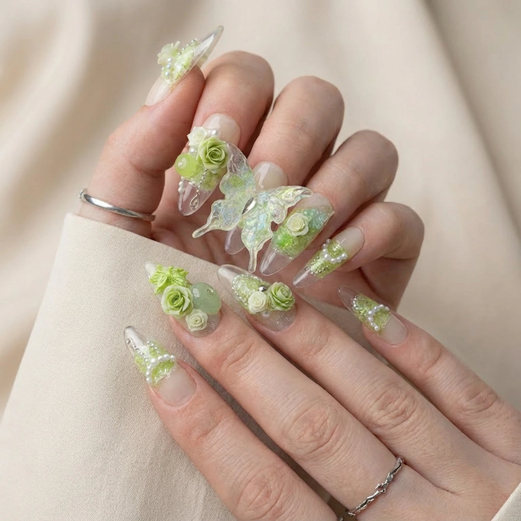 Reusable Sage Green Rose Press On Nails – Stiletto Shape with 3D Flower, Butterfly, and Pearl Designs for Fairy-core Vibes