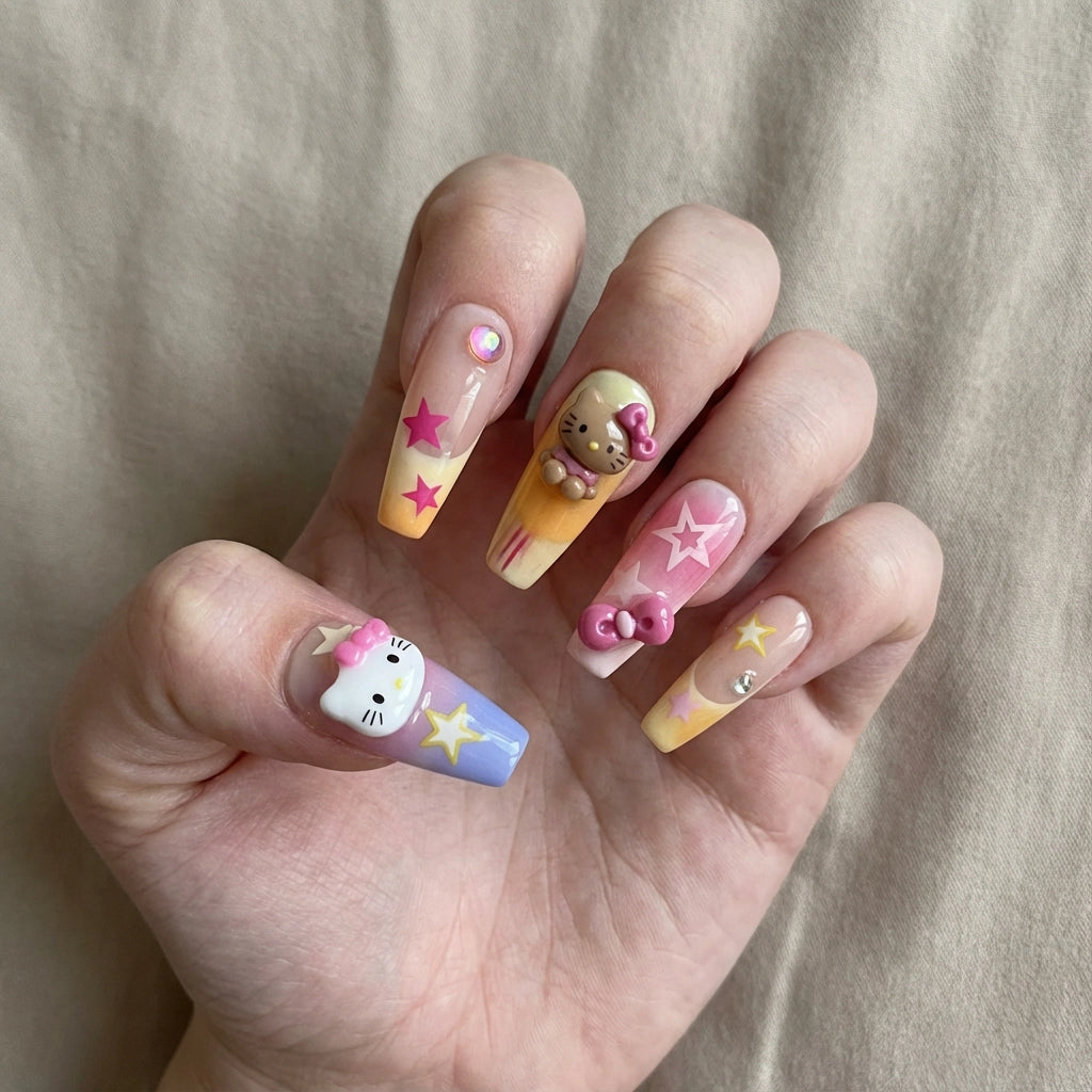 Reusable Hello Kitty Press On Nails – Coffin Shape with Stars, Bows, and Cute 3D Charms for Girls