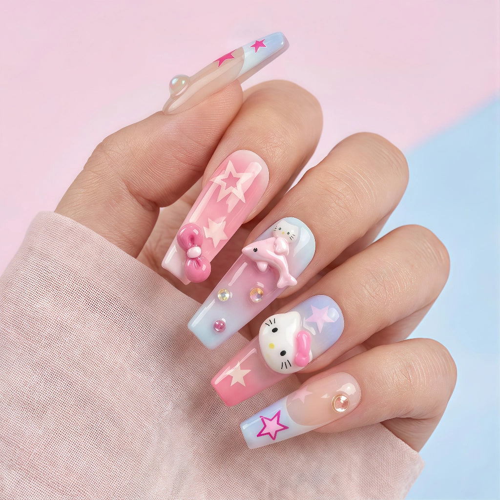 Reusable Hello Kitty Press On Nails – Coffin Shape with Stars, Bows, and Cute 3D Charms for Girls Secondary image