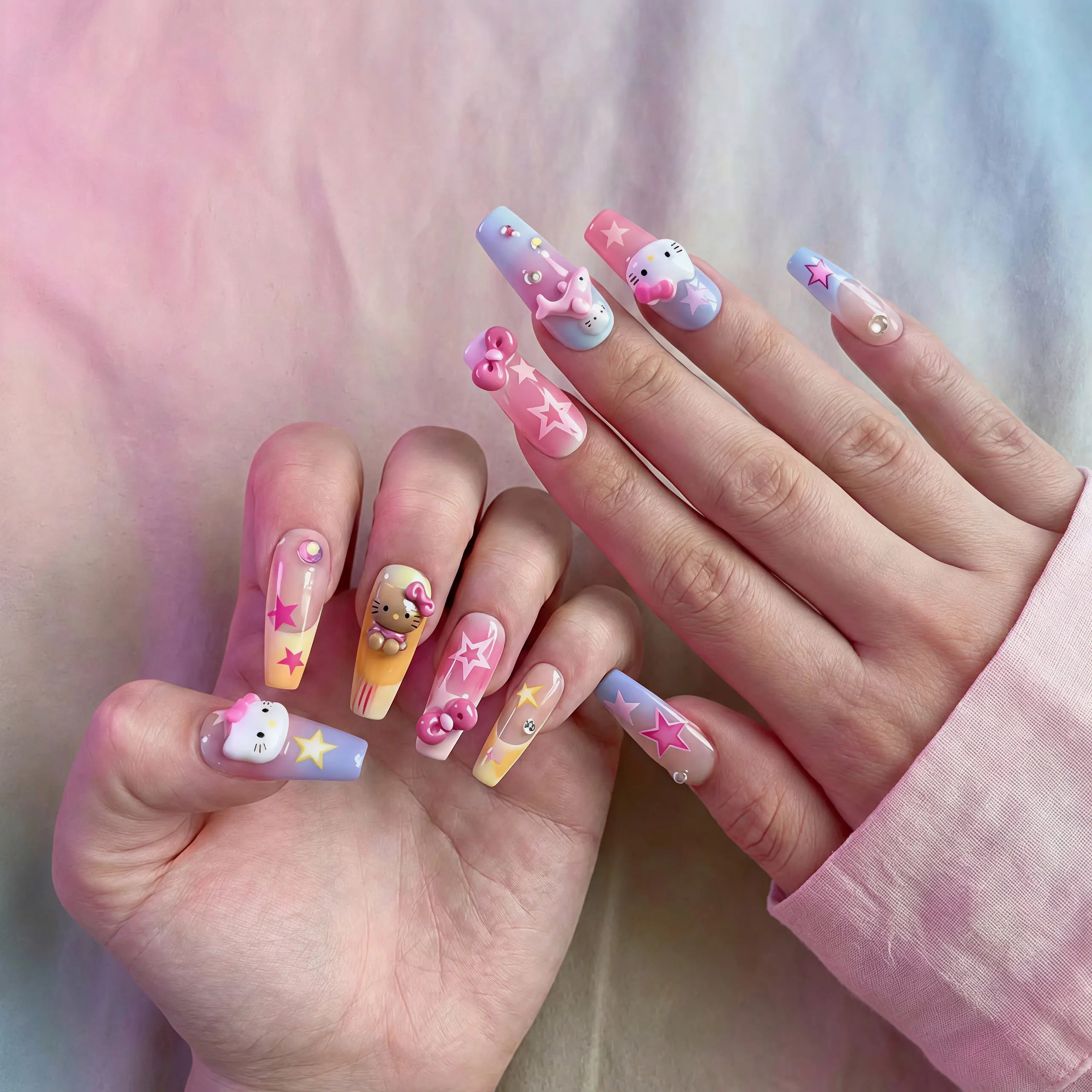 Reusable Hello Kitty Press On Nails – Coffin Shape with Stars, Bows, and Cute 3D Charms for Girls