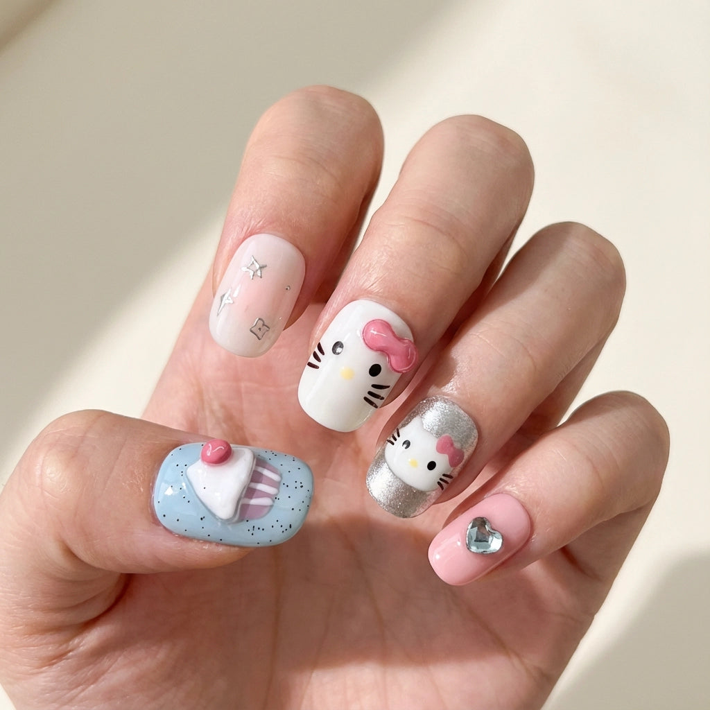 Reusable Hello Kitty Press On Nails – Square Shape with Cupcake, Star, and Heart Designs for Girls Secondary image