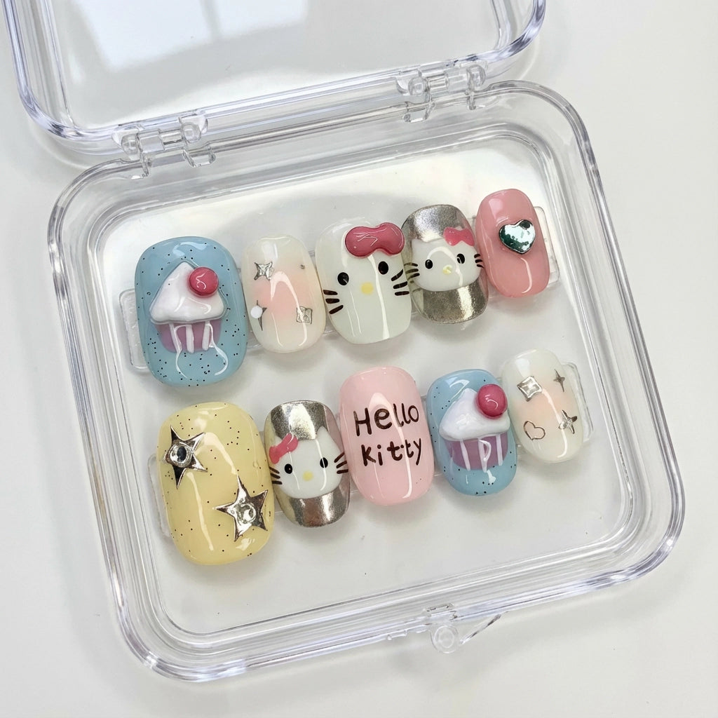 Reusable Hello Kitty Press On Nails – Square Shape with Cupcake, Star, and Heart Designs for Girls