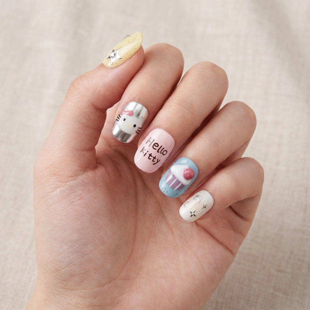 Reusable Hello Kitty Press On Nails – Square Shape with Cupcake, Star, and Heart Designs for Girls