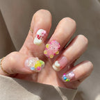 Reusable Mint Coquette Press On Nails – Almond Shape with 3D Cherry, Bow, and Pearl Heart Designs