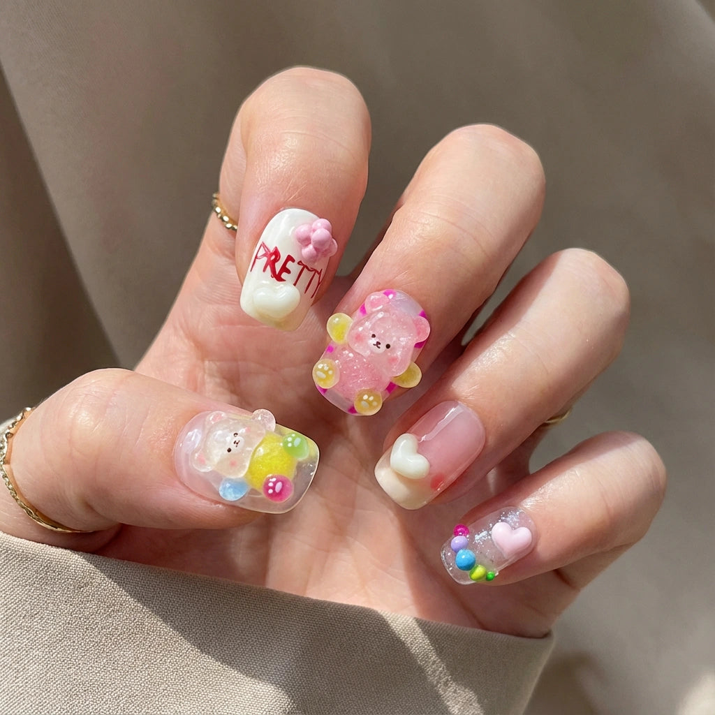 Reusable Mint Coquette Press On Nails – Almond Shape with 3D Cherry, Bow, and Pearl Heart Designs